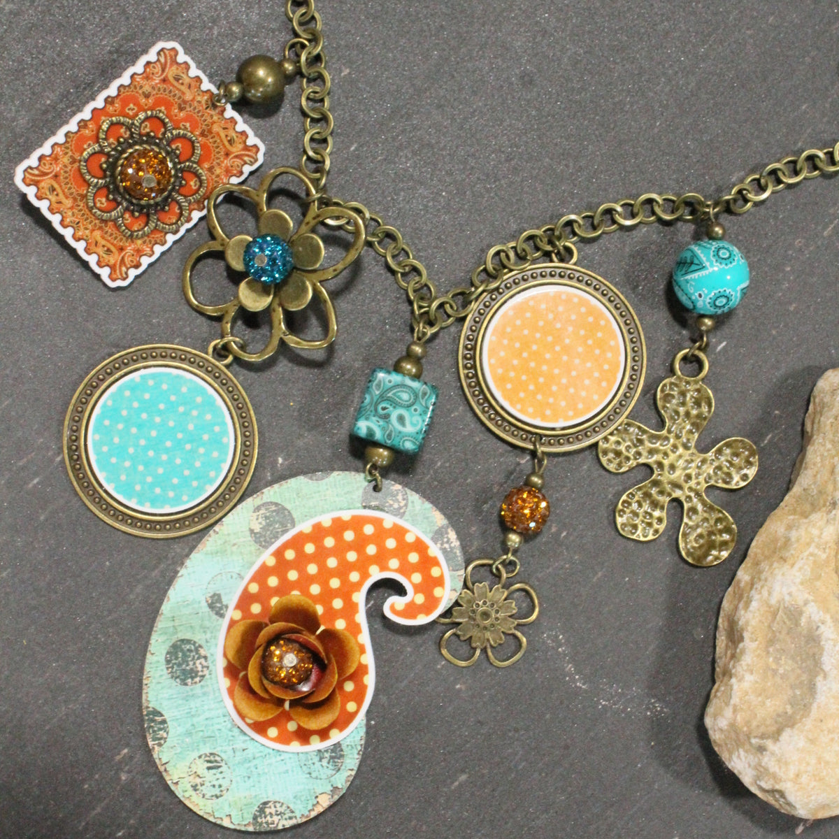 Peace, Paisley & Polka Dot Rusty Charm'd Necklace