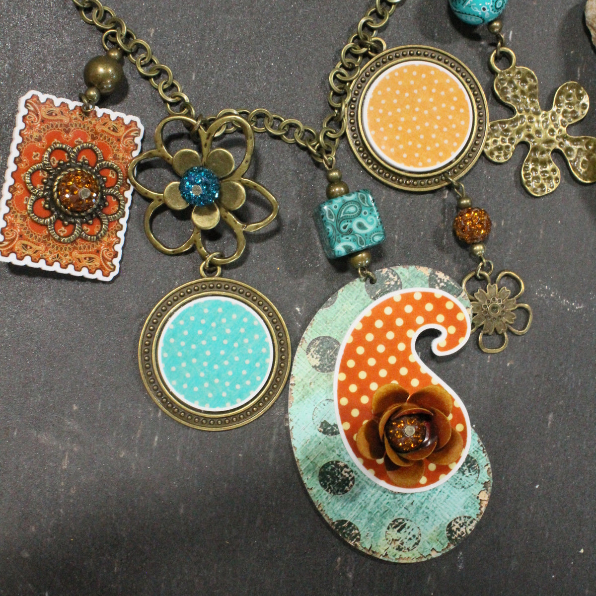 Peace, Paisley & Polka Dot Rusty Charm'd Necklace