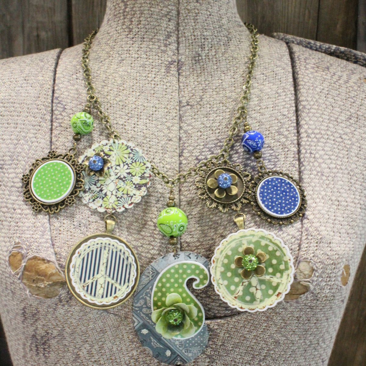Peace, Paisley & Polka Dot Green Charm'd Necklace