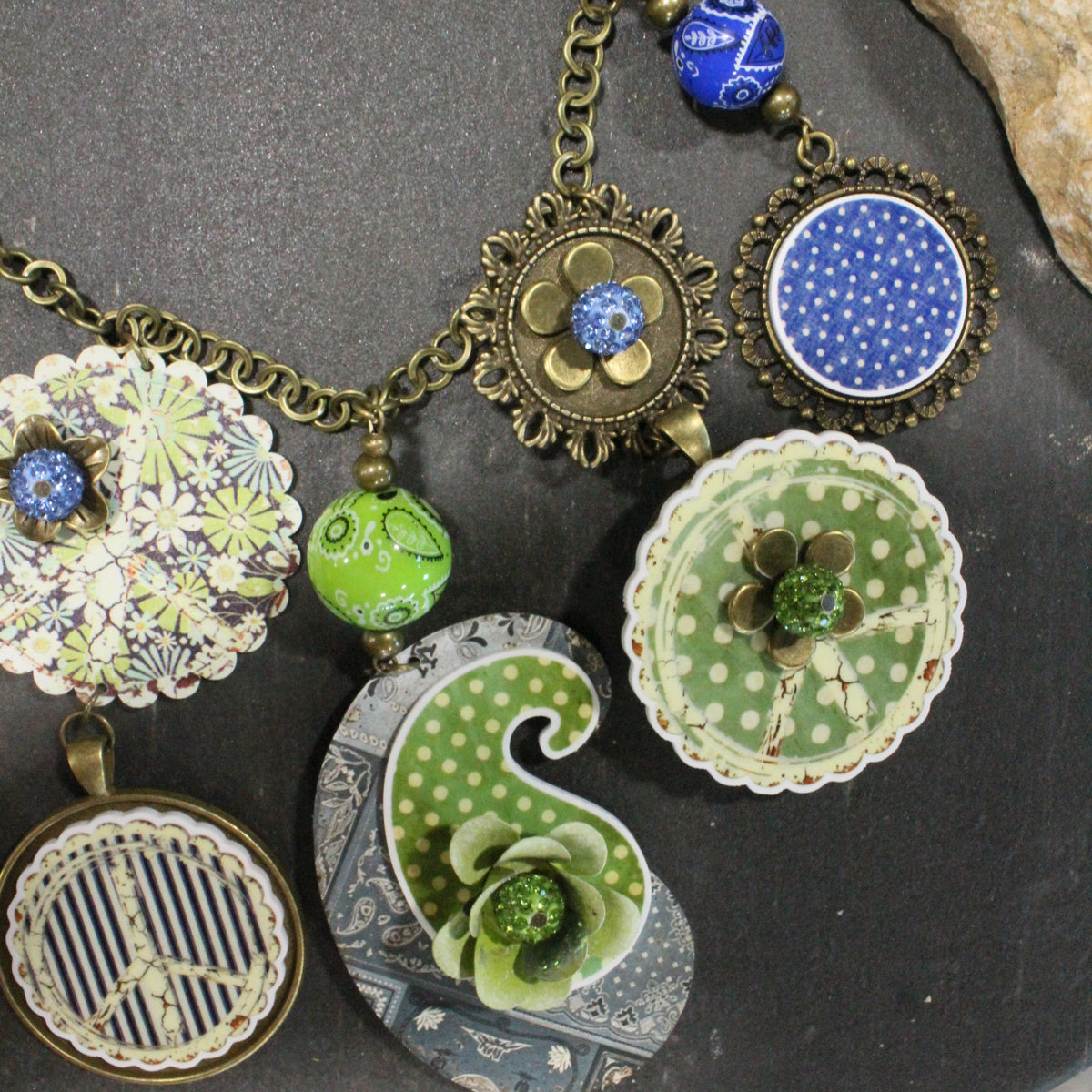 Peace, Paisley & Polka Dot Green Charm'd Necklace