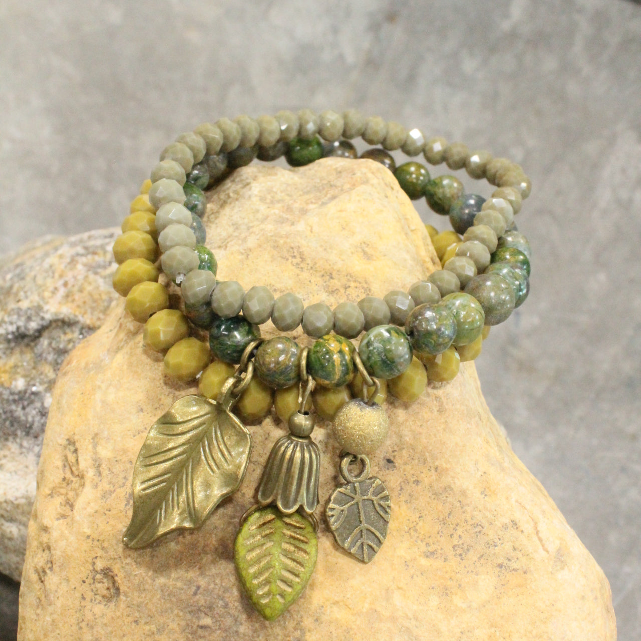 Olive Leaves Fall Stretch Bracelet Set