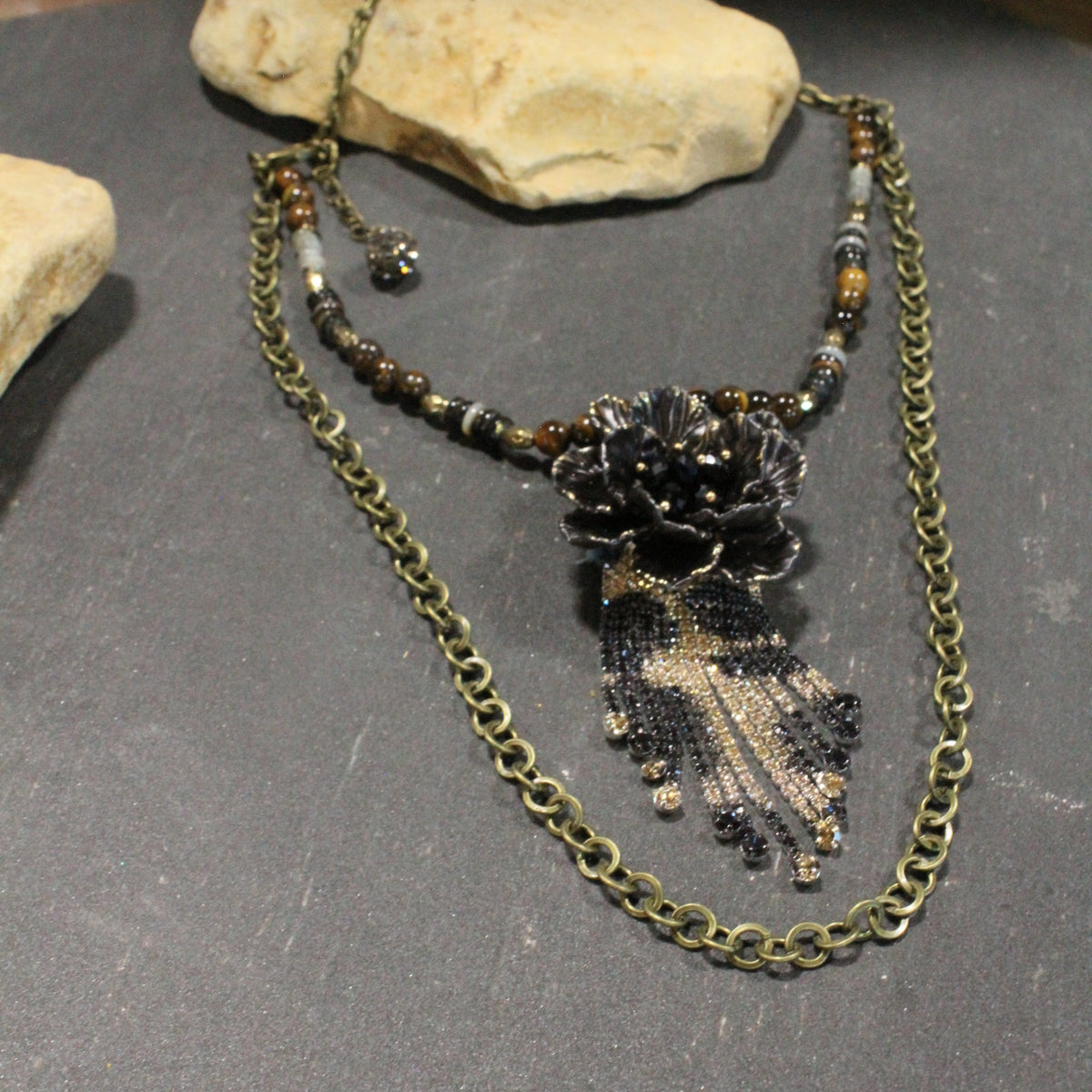 Simply Elegant Black Leopard Flower Layered Necklace