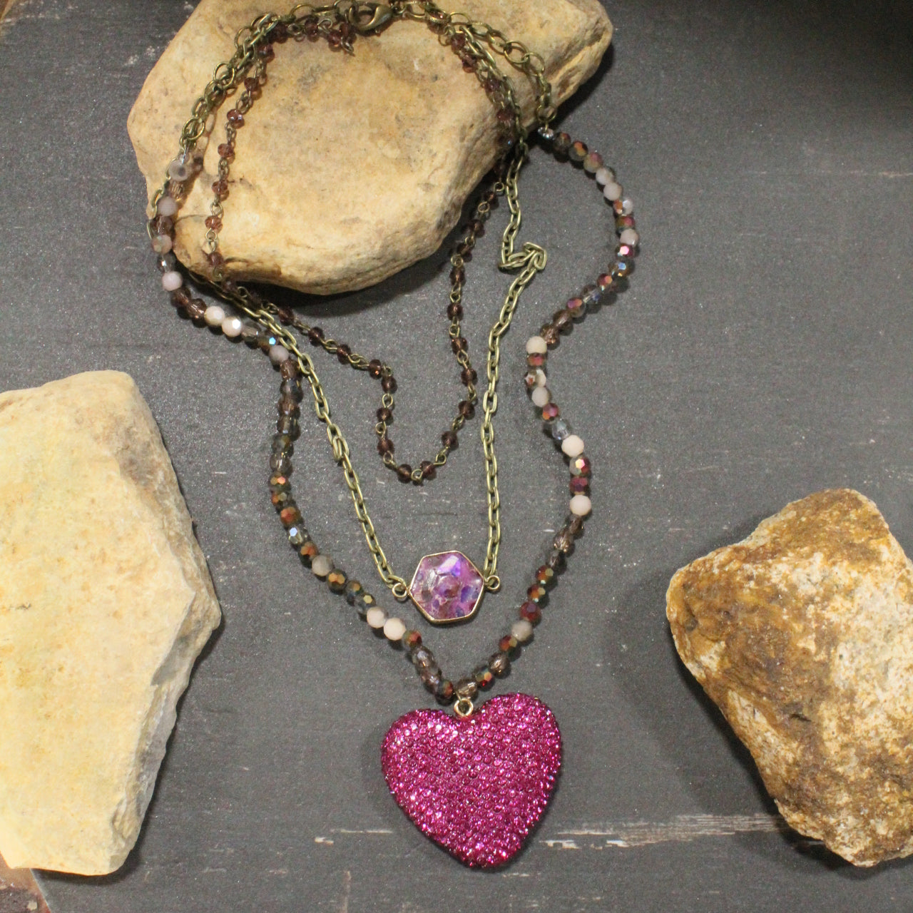 Bohemian Layered Raspberry Heart & Stone Drop Necklace