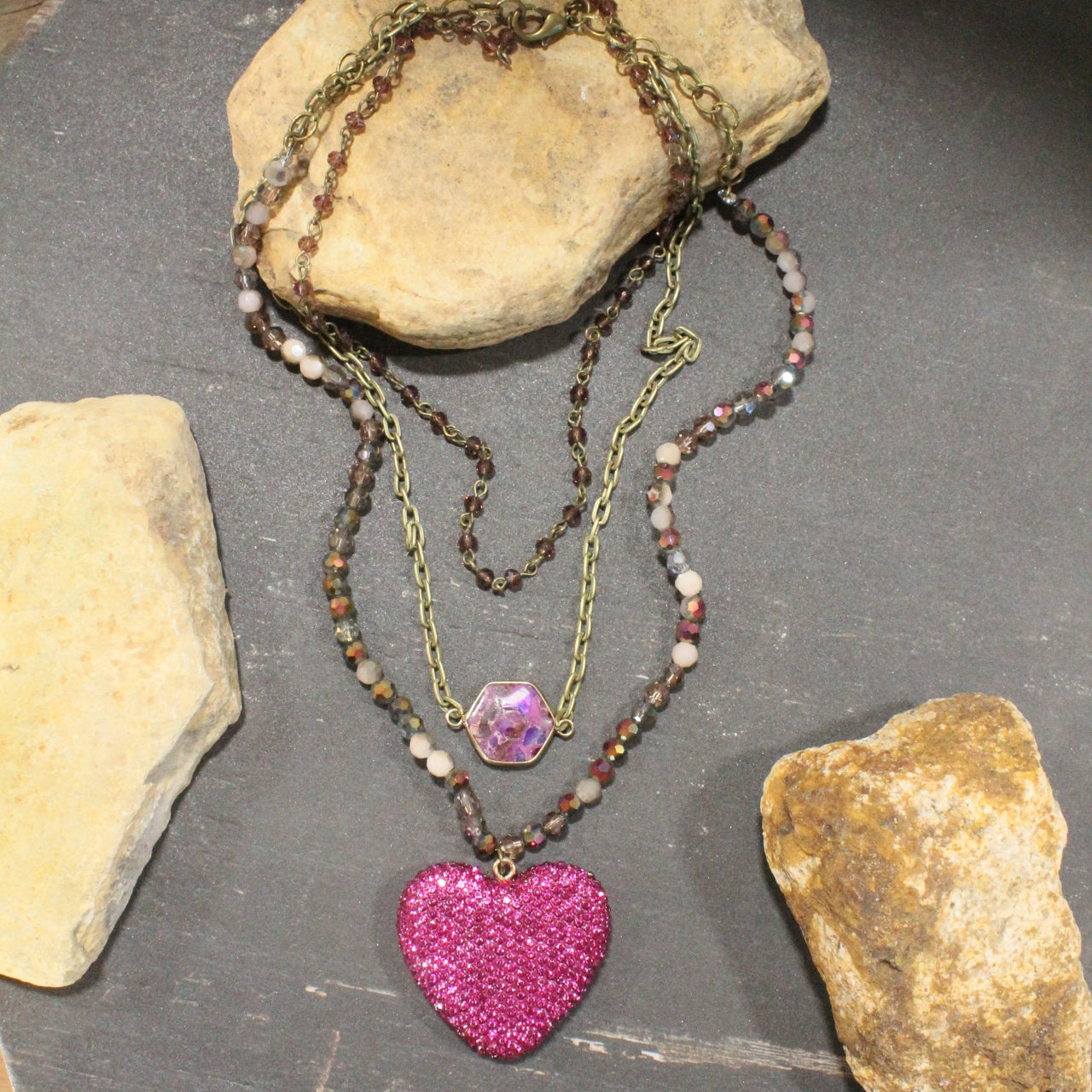 Bohemian Layered Raspberry Heart & Stone Drop Necklace
