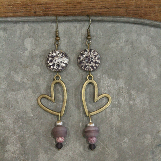 Czech These Out Plum Metal heart Charmer Earrings