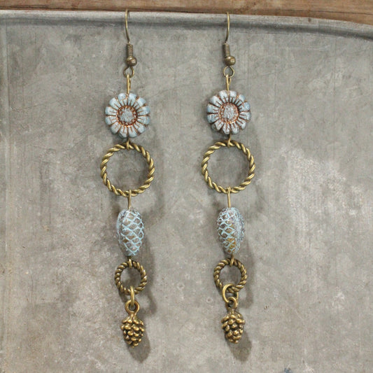 Czech Out These Pinecones & Sunflower Dangle Drop Earrings