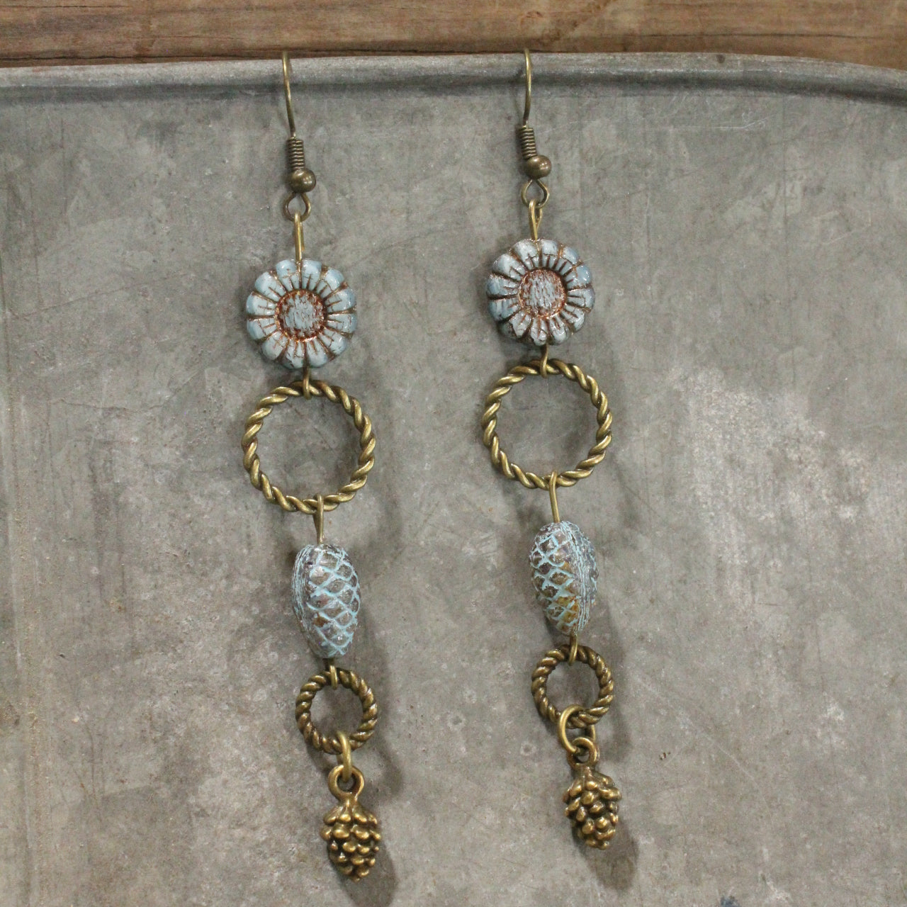 Czech Out These Pinecones & Sunflower Dangle Drop Earrings