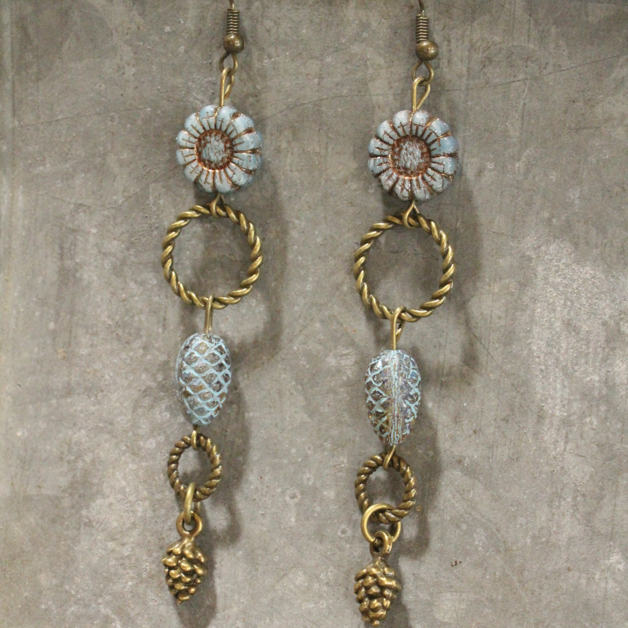 Czech Out These Pinecones & Sunflower Dangle Drop Earrings