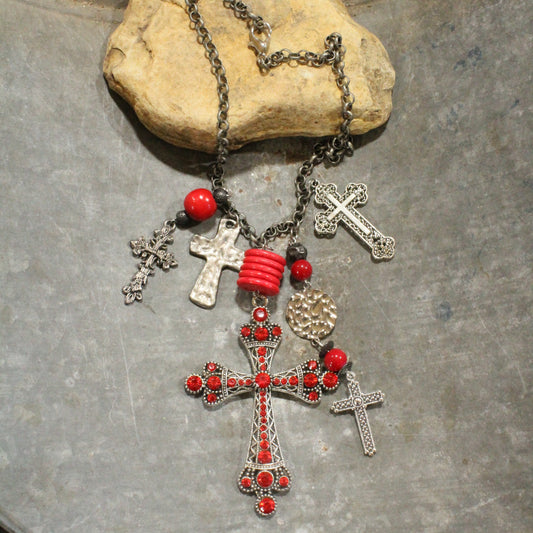 Vintage Cross Red Pendant Charmed & Layered Necklace