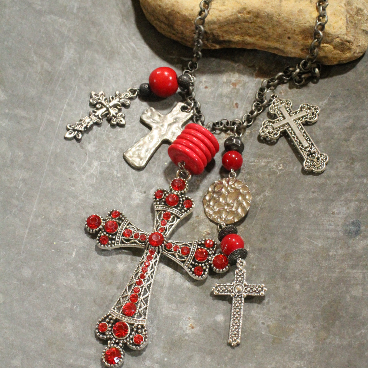 Vintage Cross Red Pendant Charmed & Layered Necklace