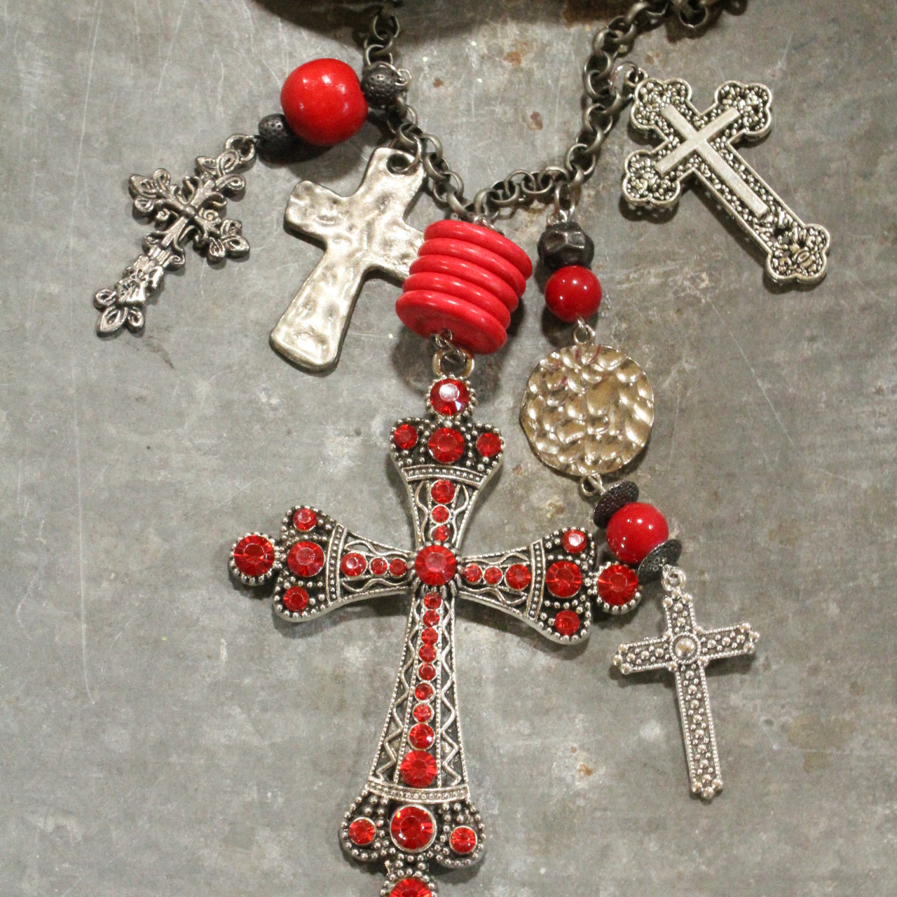 Vintage Cross Red Pendant Charmed & Layered Necklace