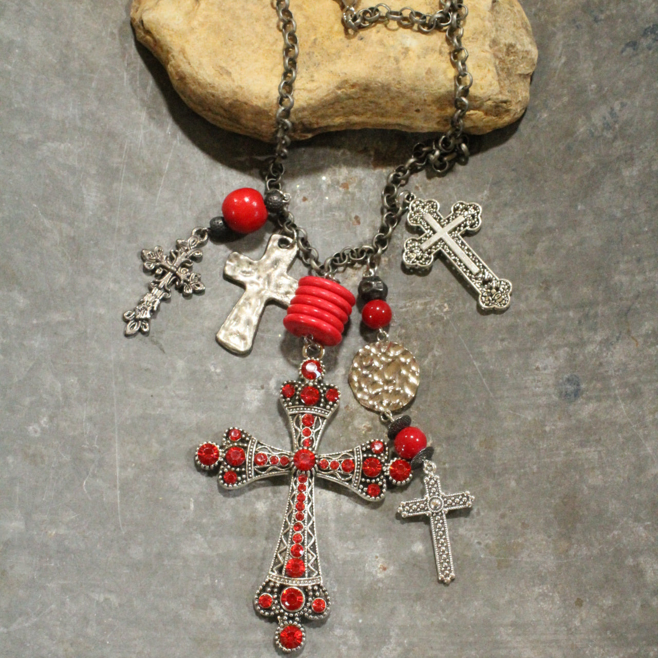 Vintage Cross Red Pendant Charmed & Layered Necklace