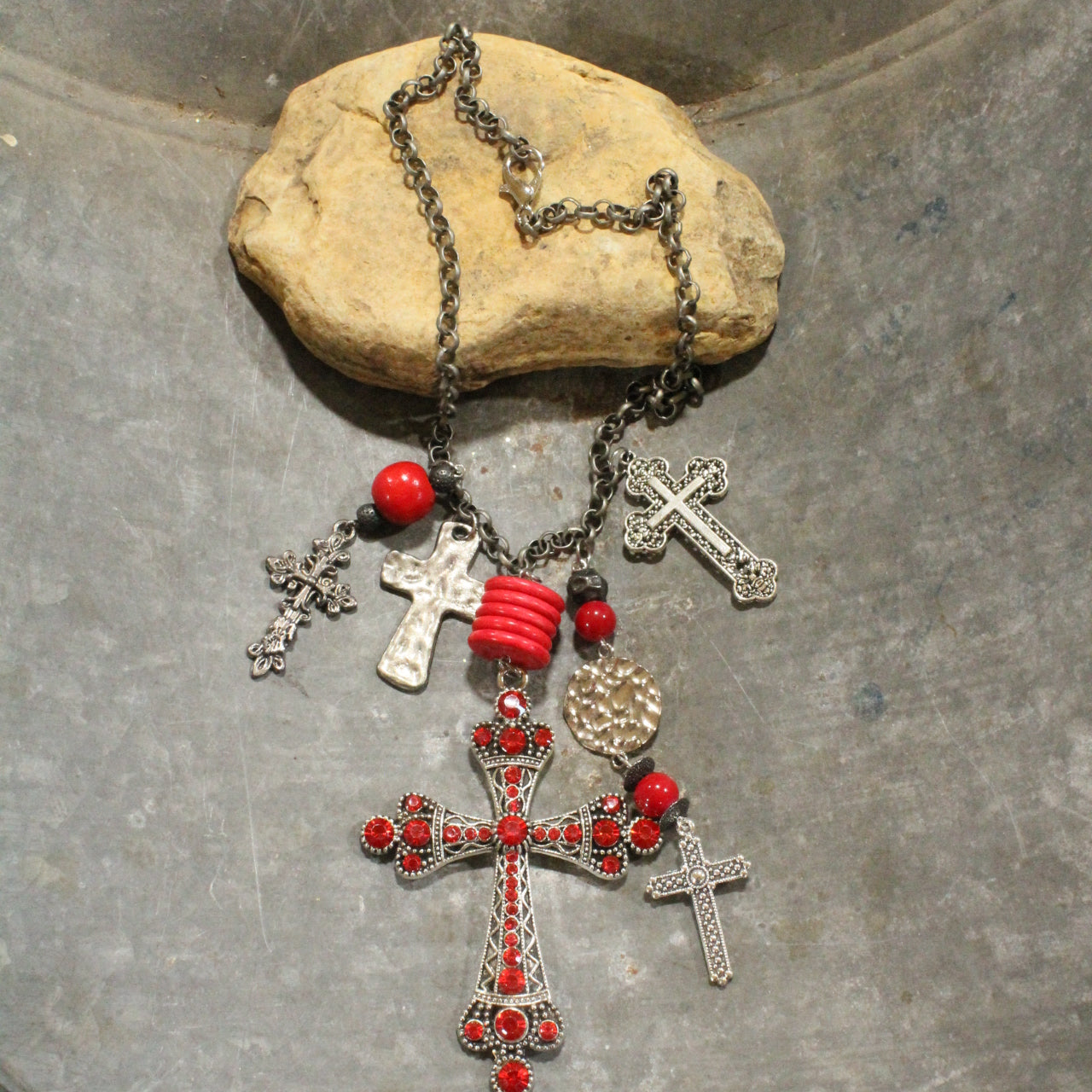 Vintage Cross Red Pendant Charmed & Layered Necklace