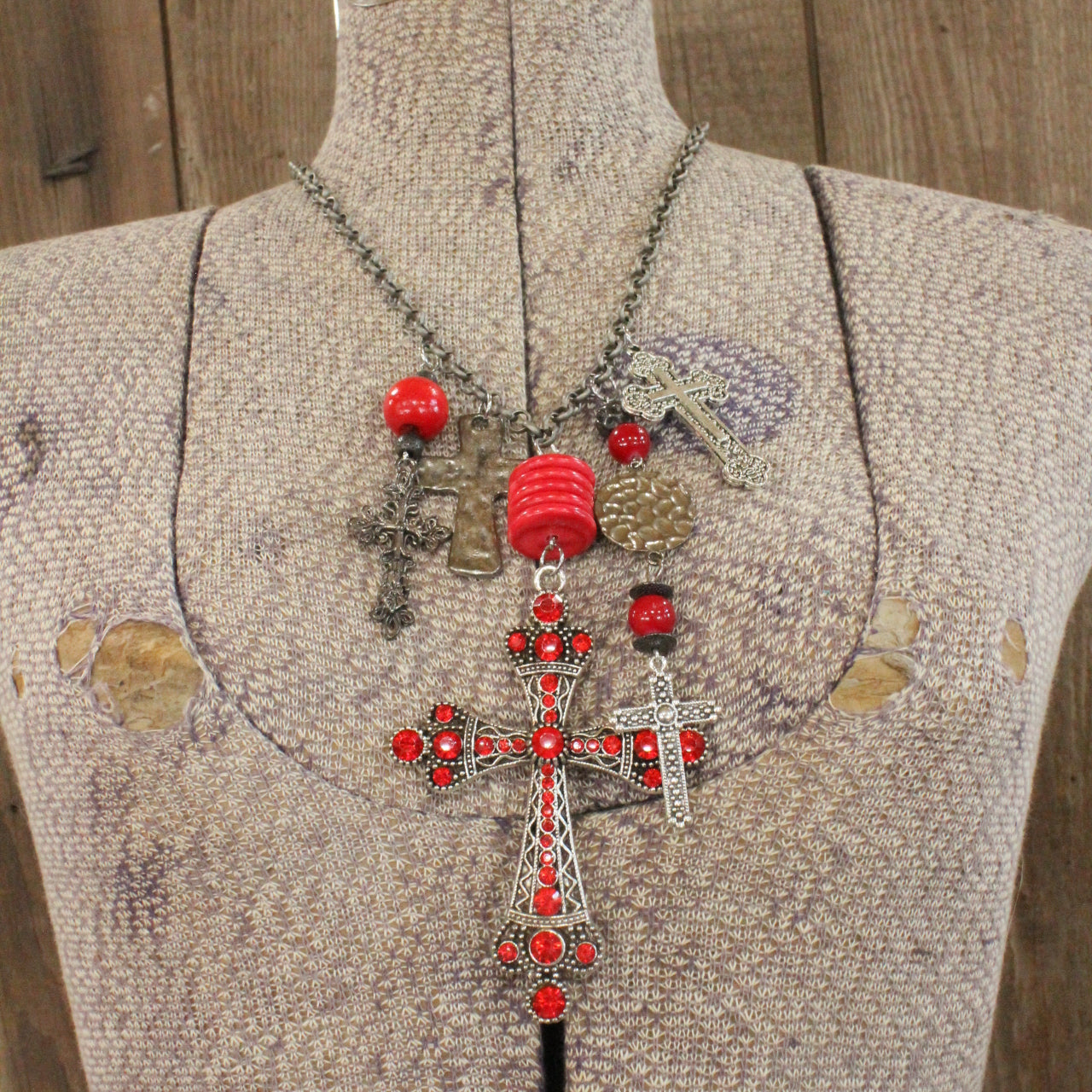 Vintage Cross Red Pendant Charmed & Layered Necklace