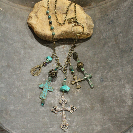 Vintage Crosses With Jade & Patina Pendant Charmed Necklace