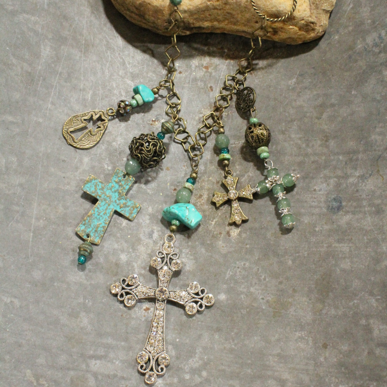 Vintage Crosses With Jade & Patina Pendant Charmed Necklace