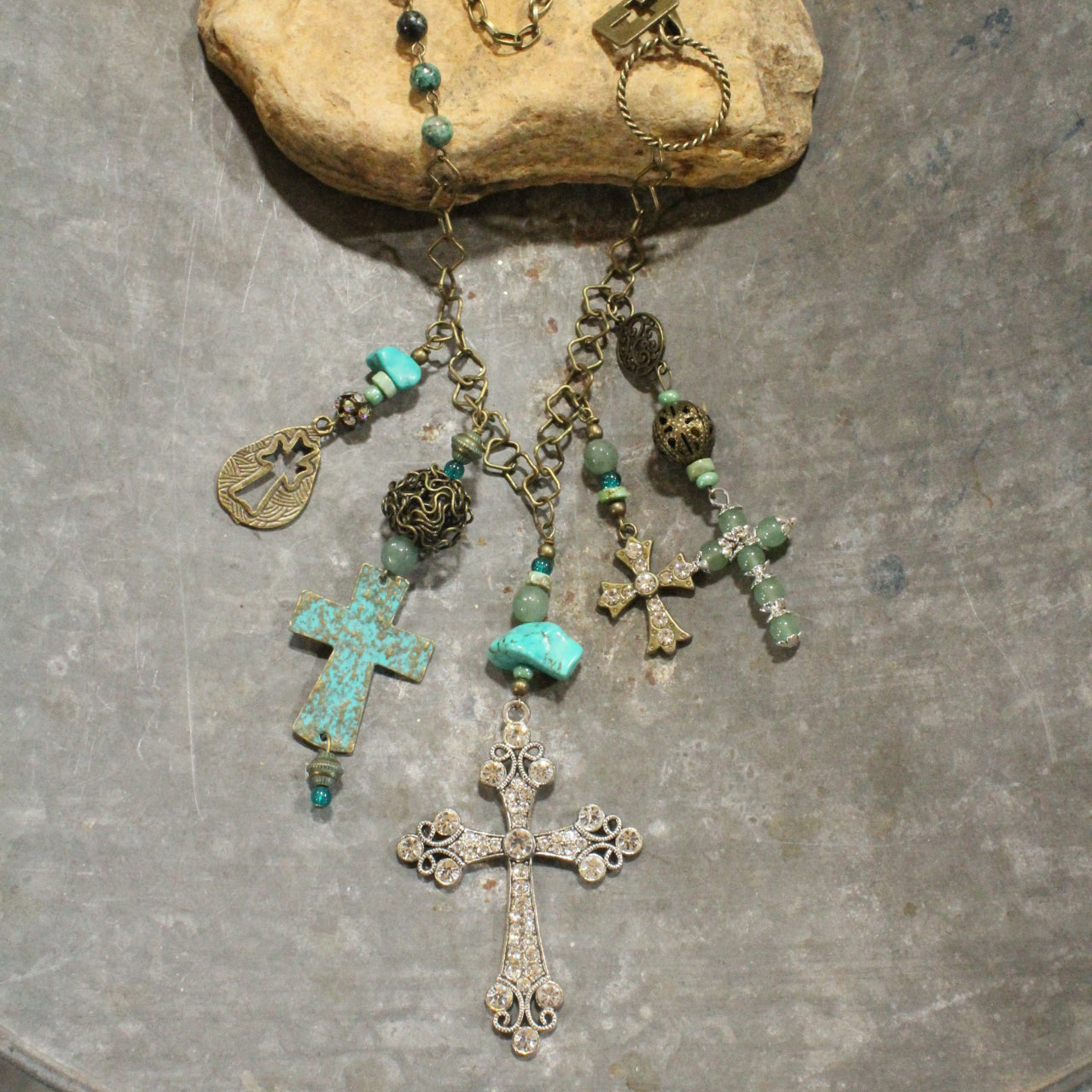 Vintage Crosses With Jade & Patina Pendant Charmed Necklace