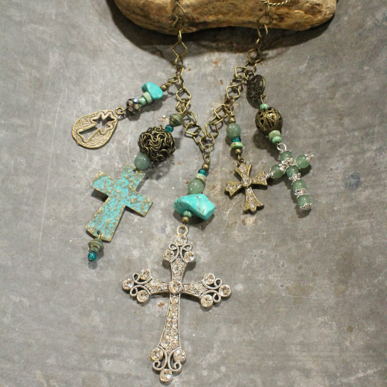 Vintage Crosses With Jade & Patina Pendant Charmed Necklace