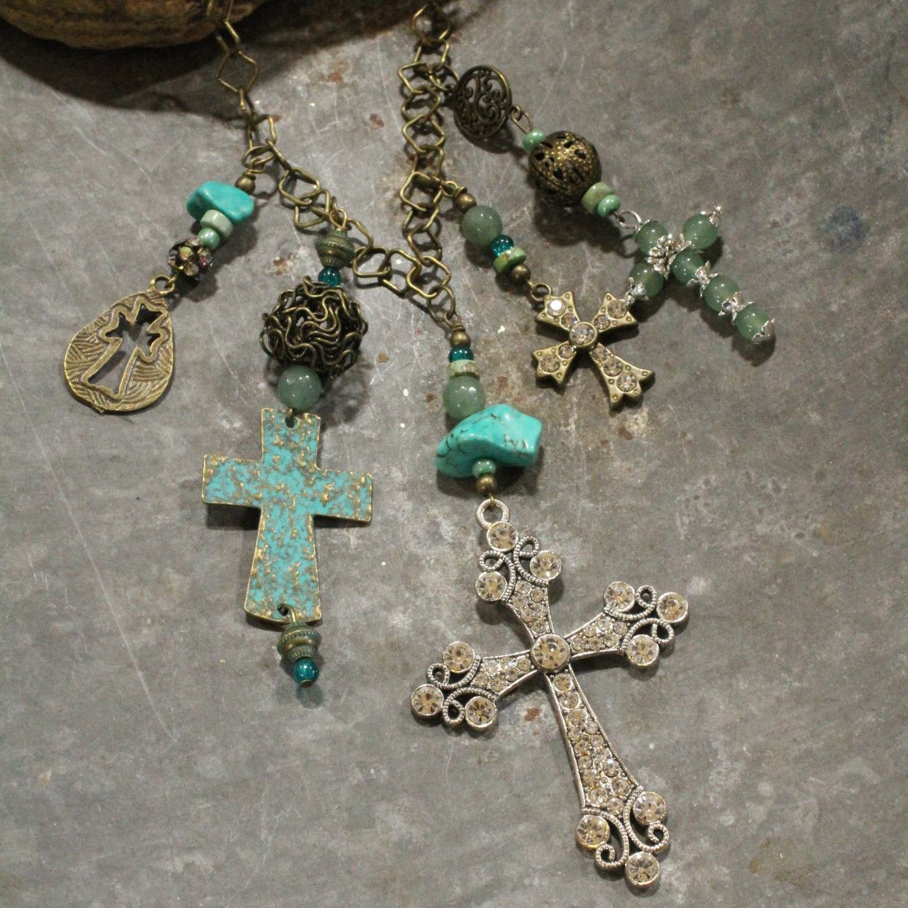 Vintage Crosses With Jade & Patina Pendant Charmed Necklace