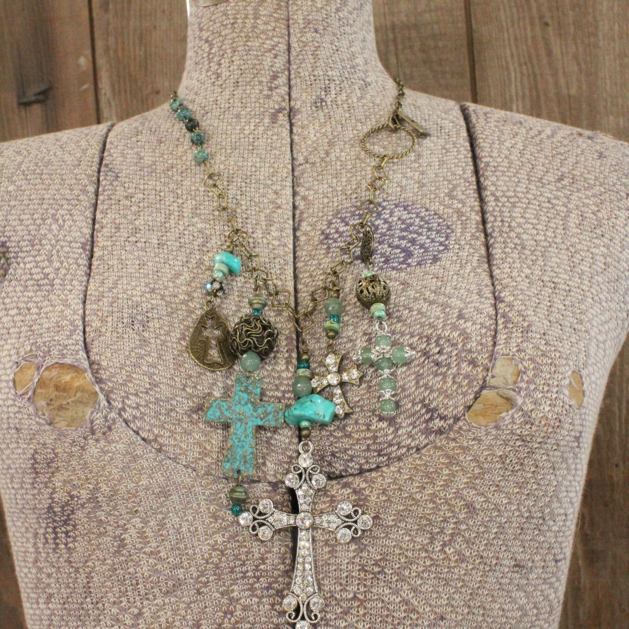 Vintage Crosses With Jade & Patina Pendant Charmed Necklace