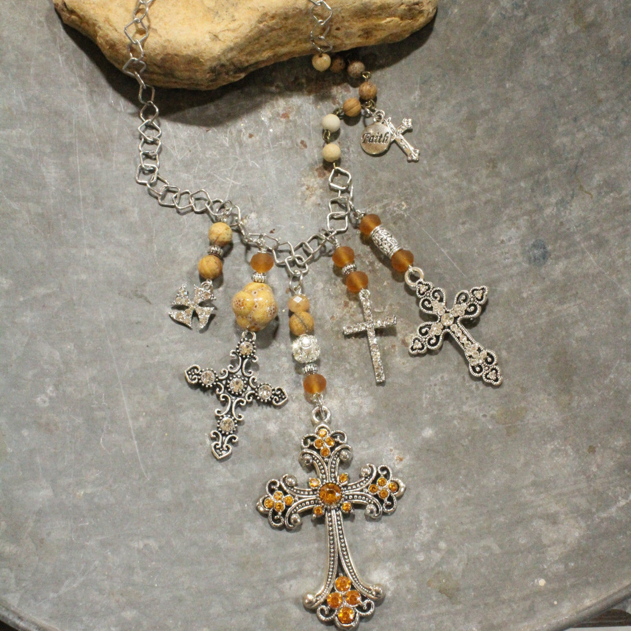 Vintage Crosses With Topaz & Jasper Pendant Charmed Necklace