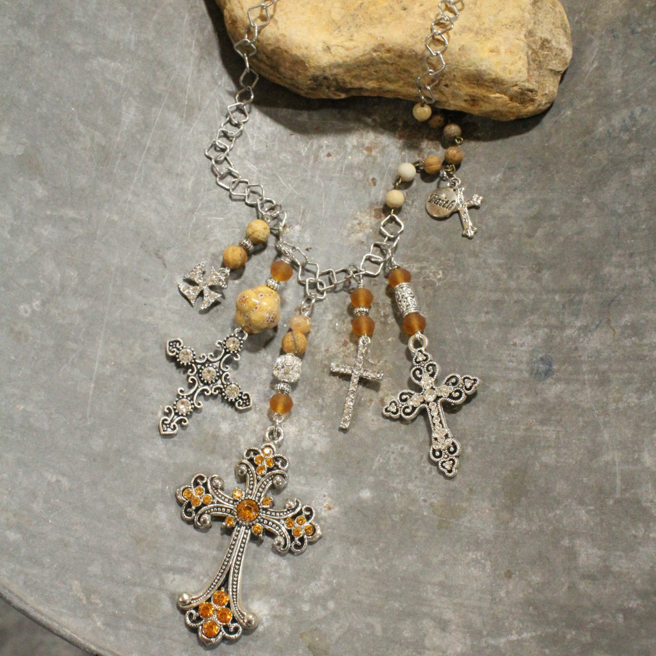 Vintage Crosses With Topaz & Jasper Pendant Charmed Necklace