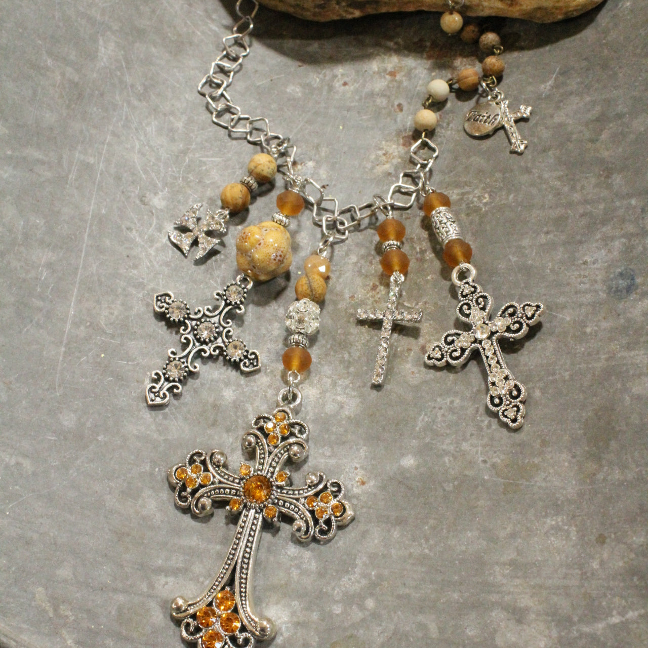 Vintage Crosses With Topaz & Jasper Pendant Charmed Necklace