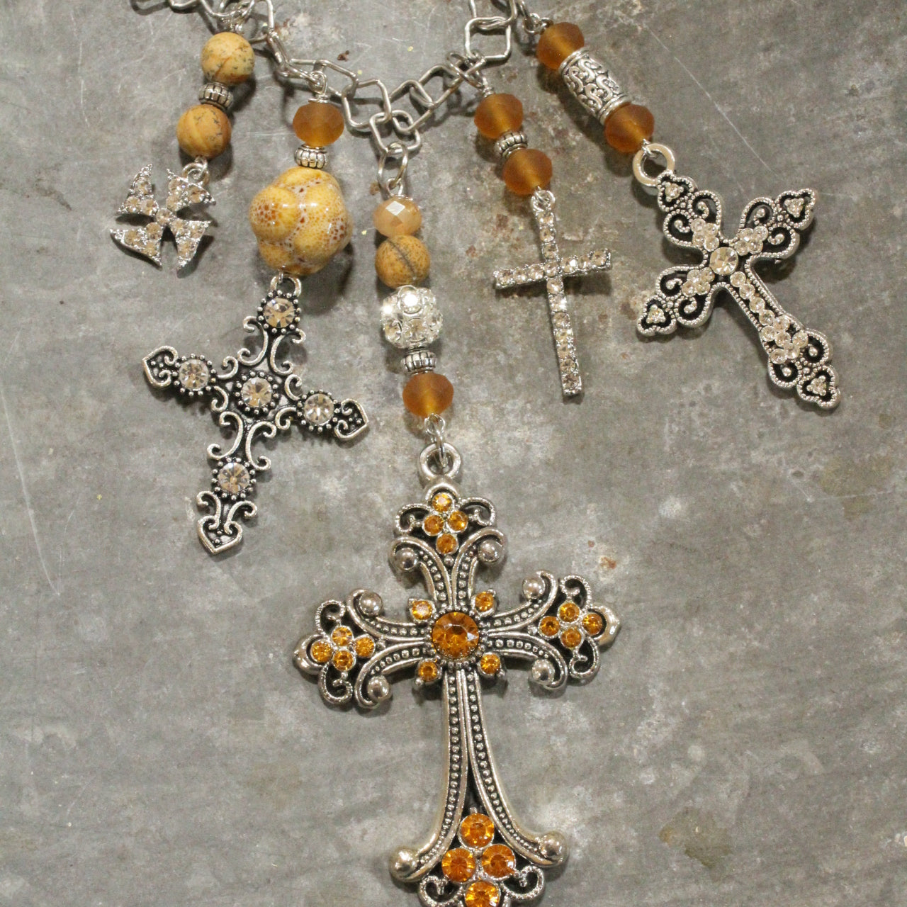 Vintage Crosses With Topaz & Jasper Pendant Charmed Necklace