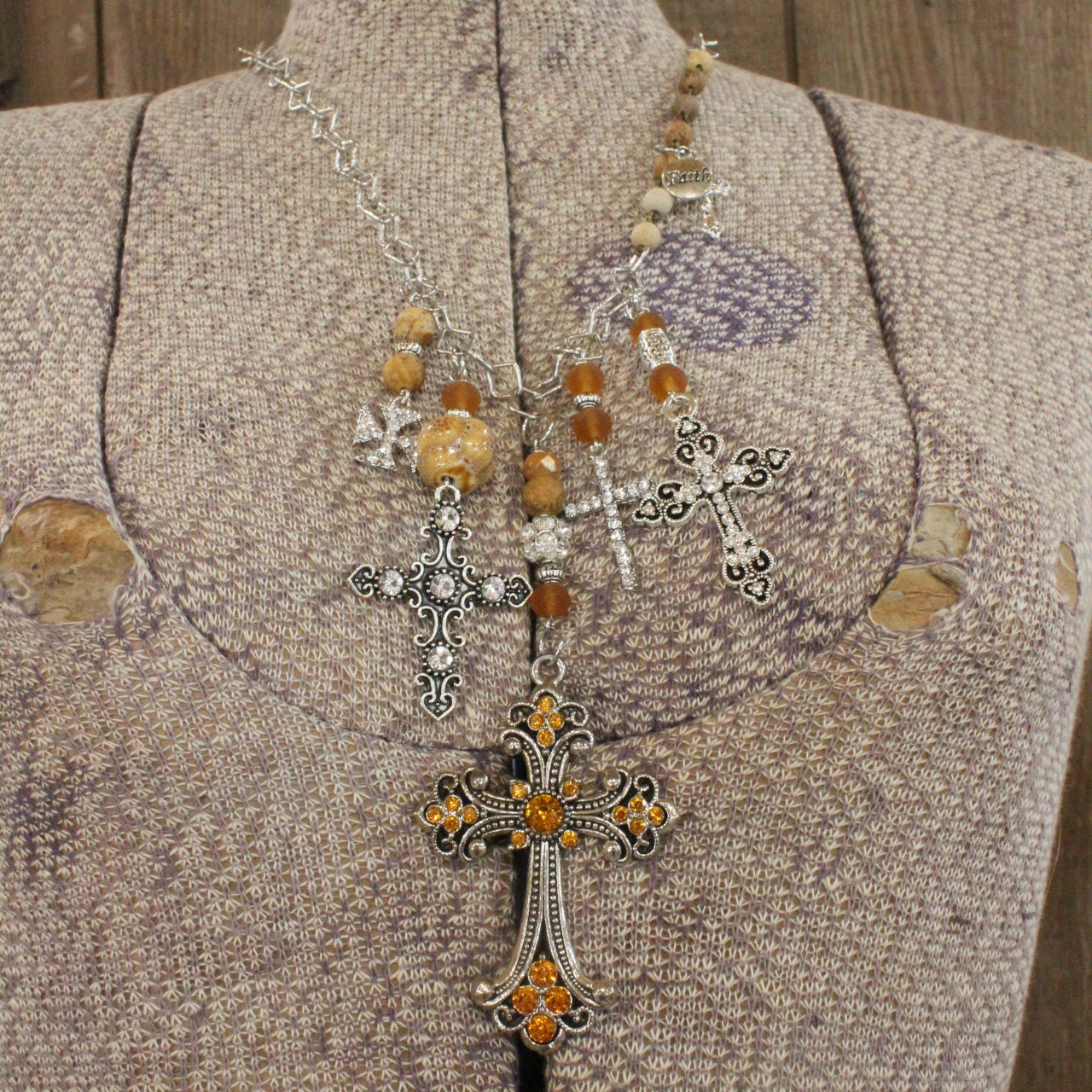 Vintage Crosses With Topaz & Jasper Pendant Charmed Necklace