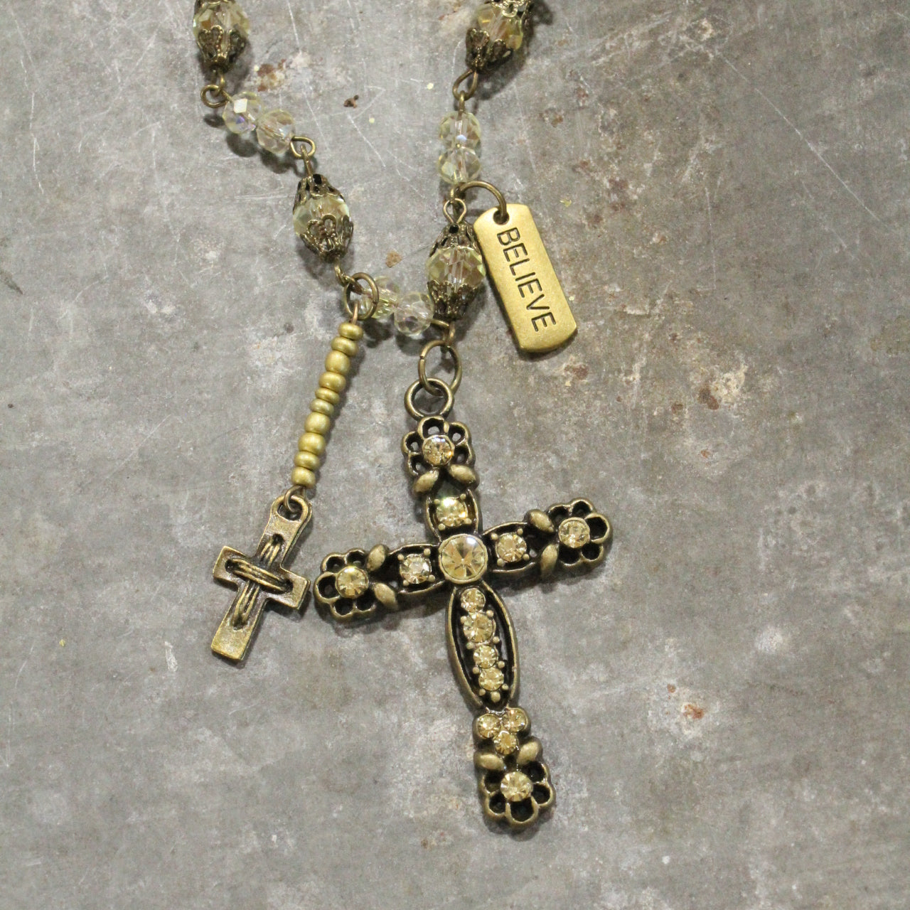 Antique Rosary Beaded Bronze Cross Drop Necklace