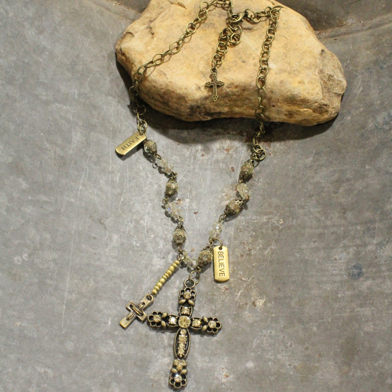 Antique Rosary Beaded Bronze Cross Drop Necklace