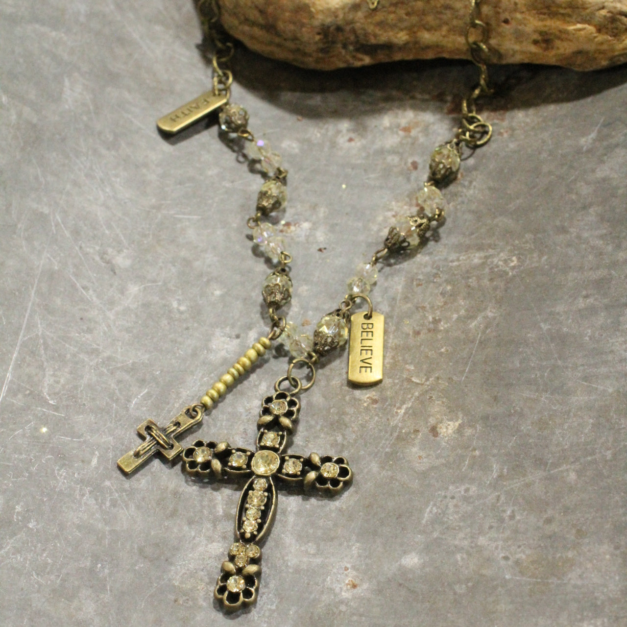 Antique Rosary Beaded Bronze Cross Drop Necklace