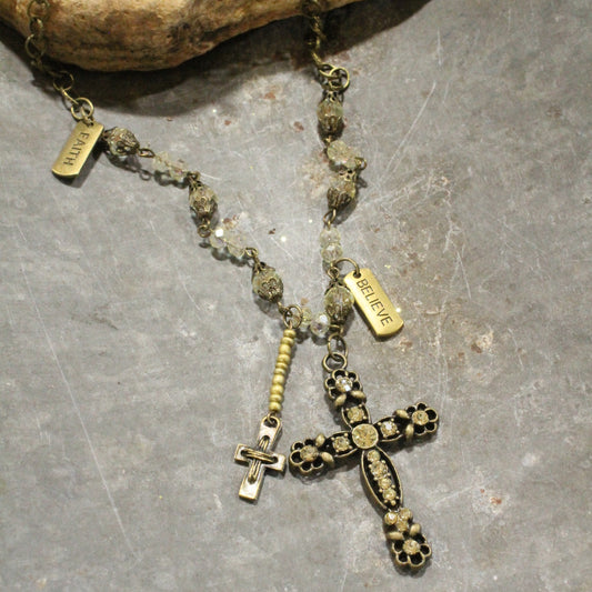 Antique Rosary Beaded Bronze Cross Drop Necklace