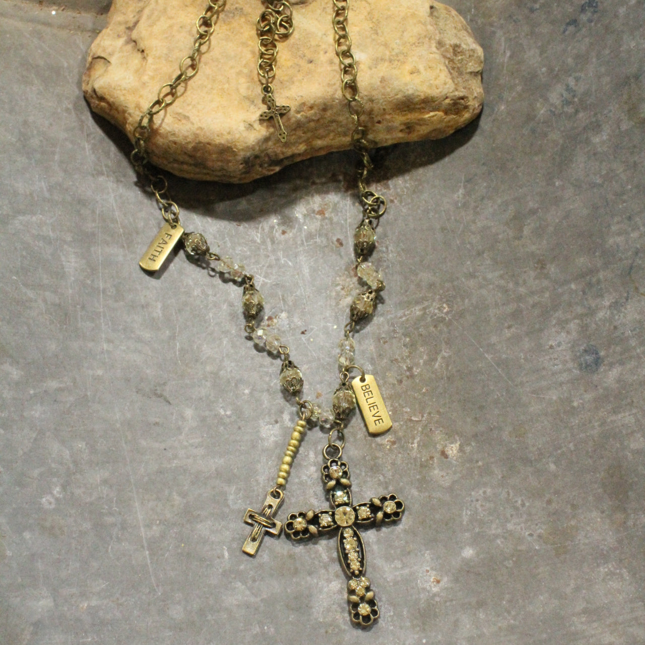 Antique Rosary Beaded Bronze Cross Drop Necklace