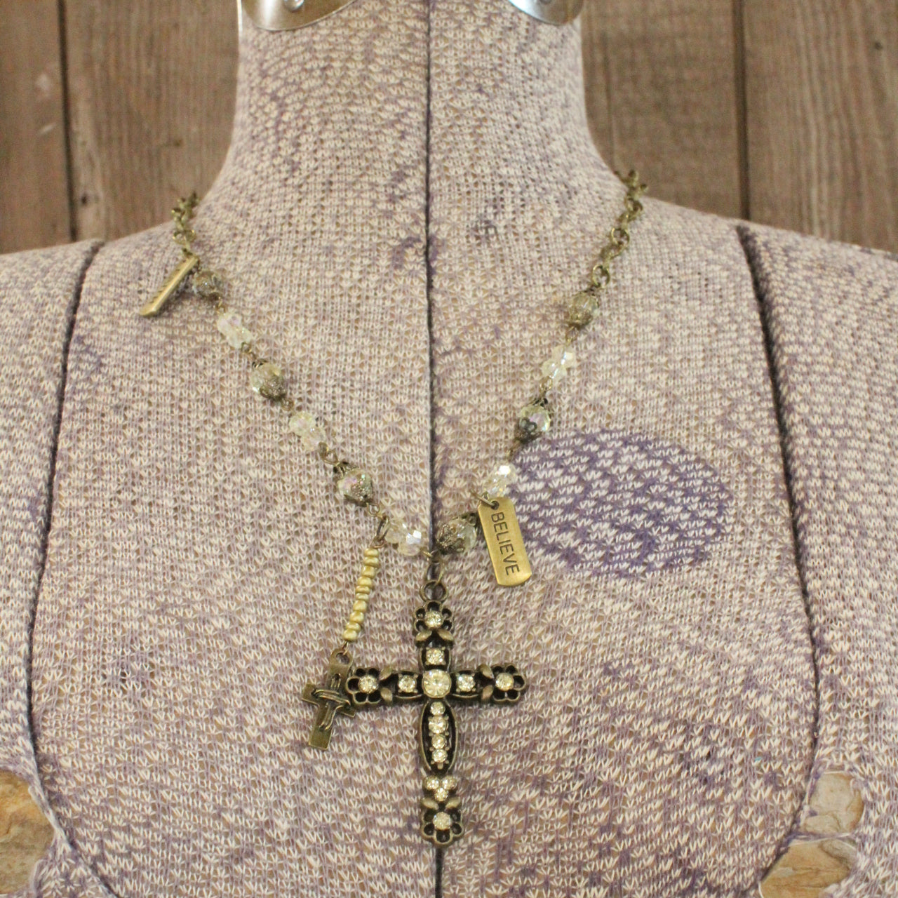 Antique Rosary Beaded Bronze Cross Drop Necklace