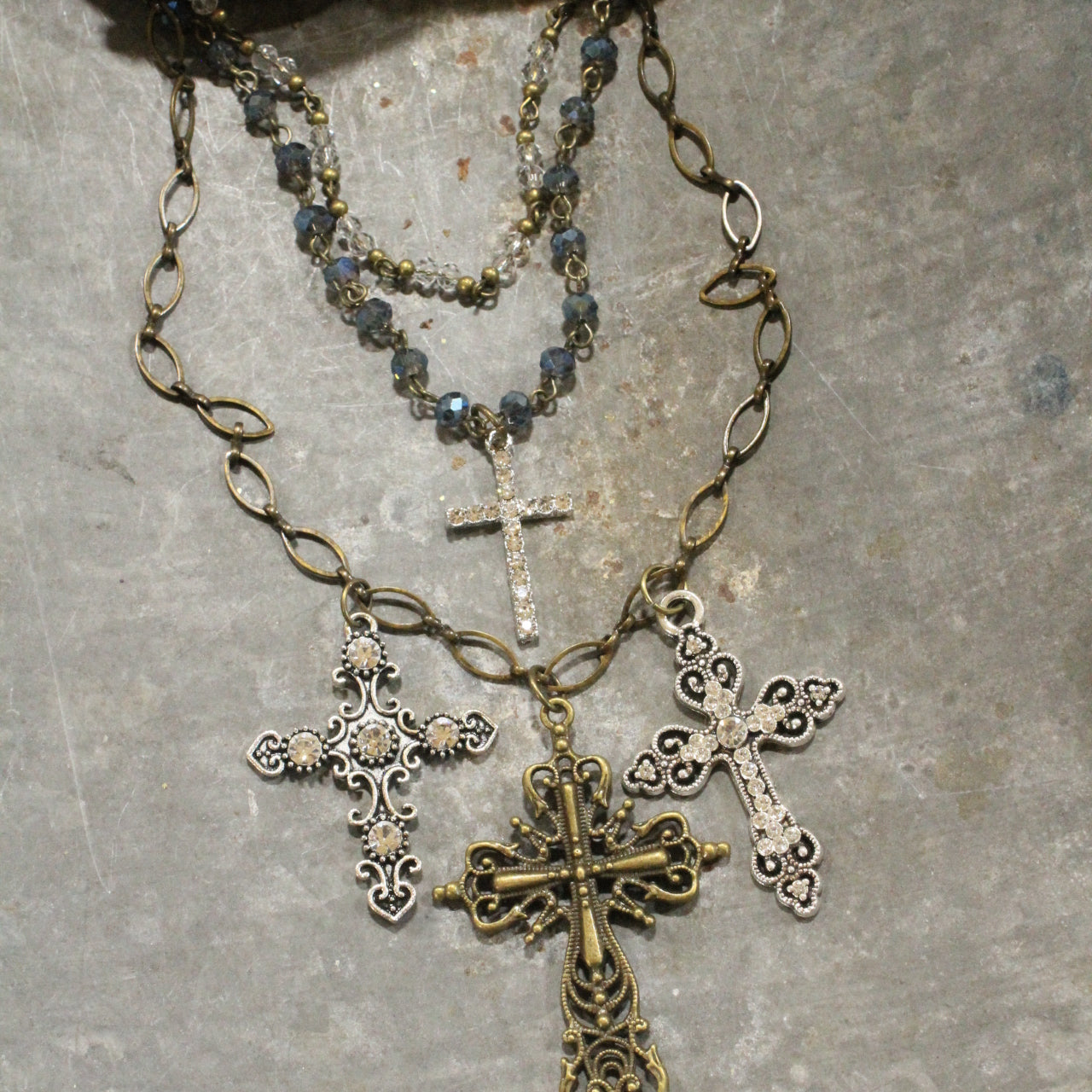 Layered Rosary Chains & Mixed Metal Cross Charmers Necklace