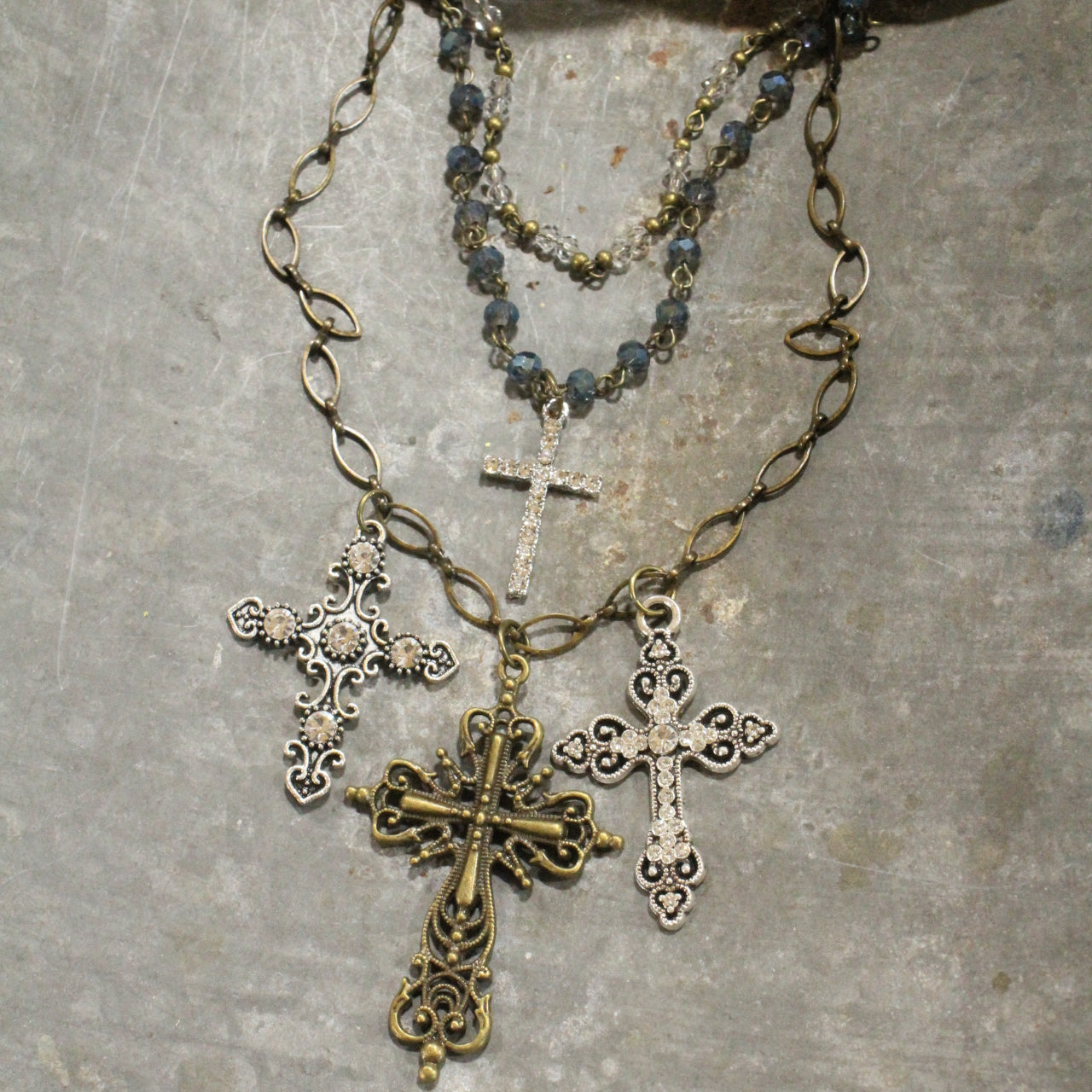 Layered Rosary Chains & Mixed Metal Cross Charmers Necklace