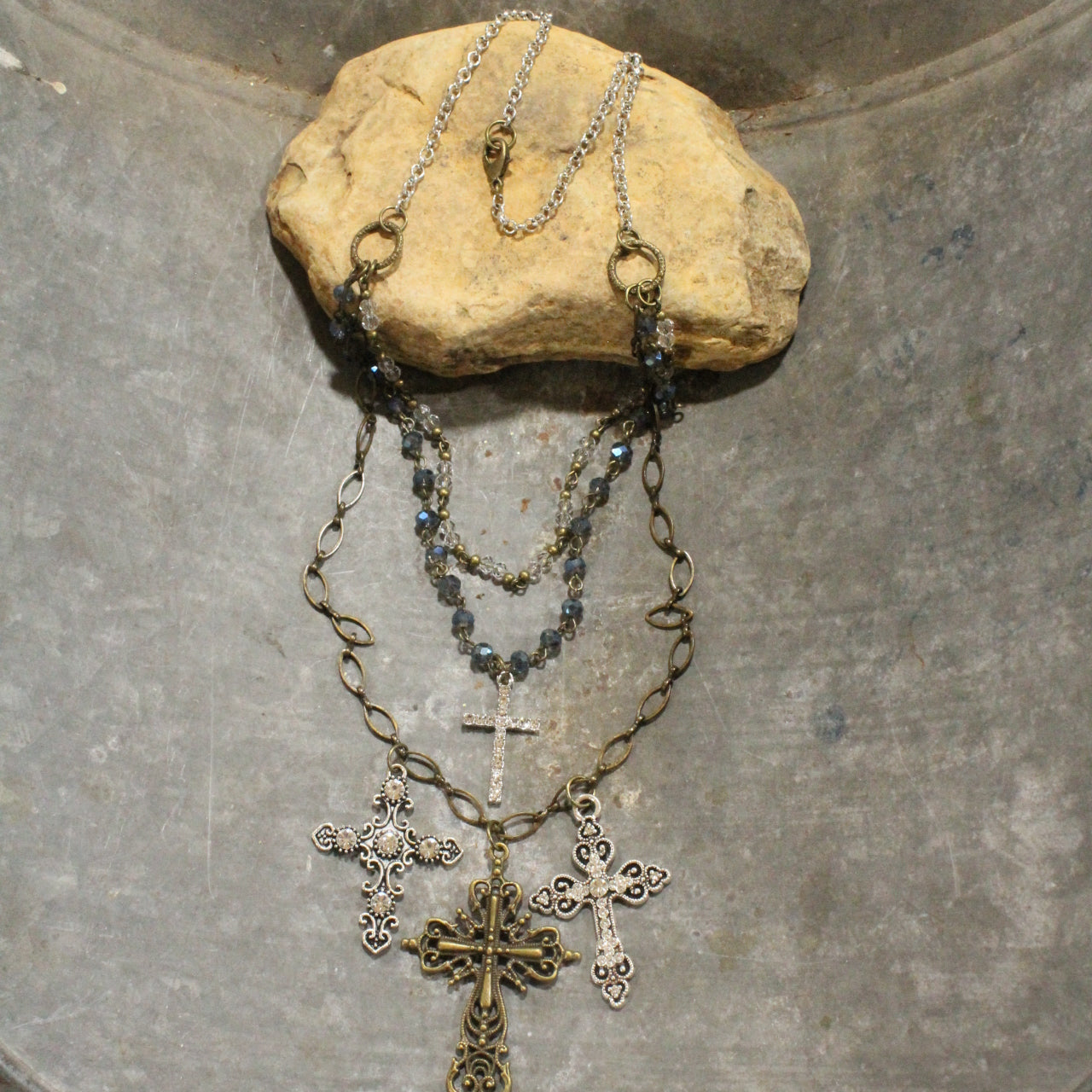 Layered Rosary Chains & Mixed Metal Cross Charmers Necklace