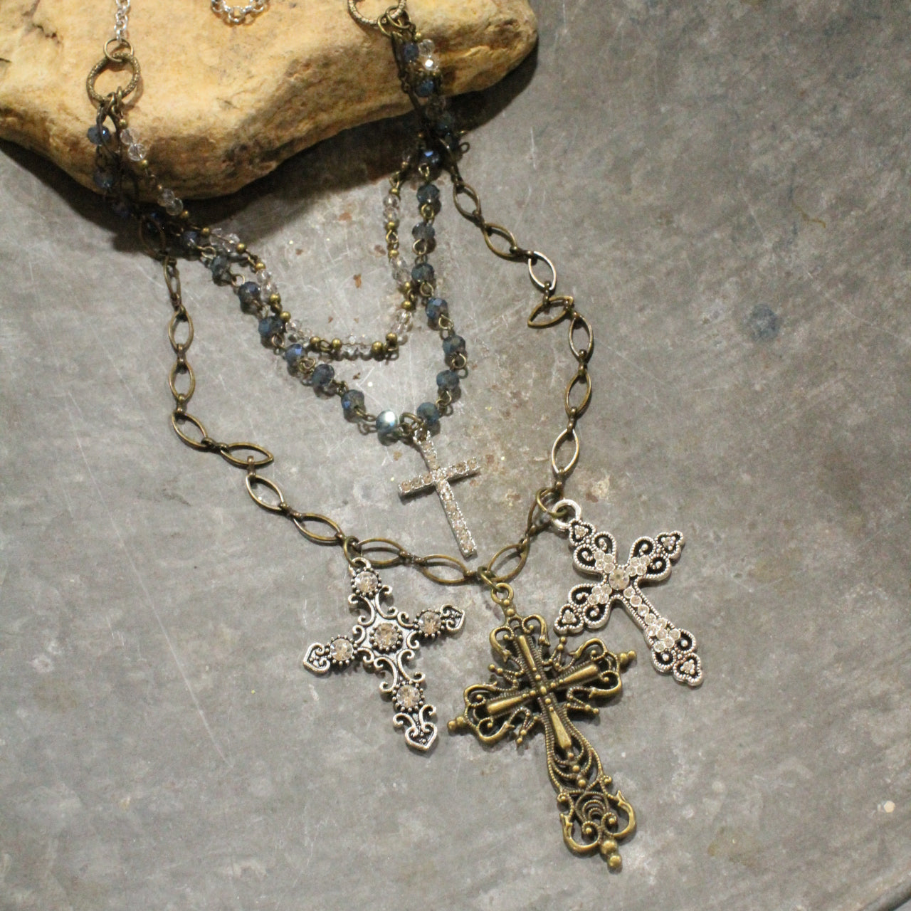 Layered Rosary Chains & Mixed Metal Cross Charmers Necklace