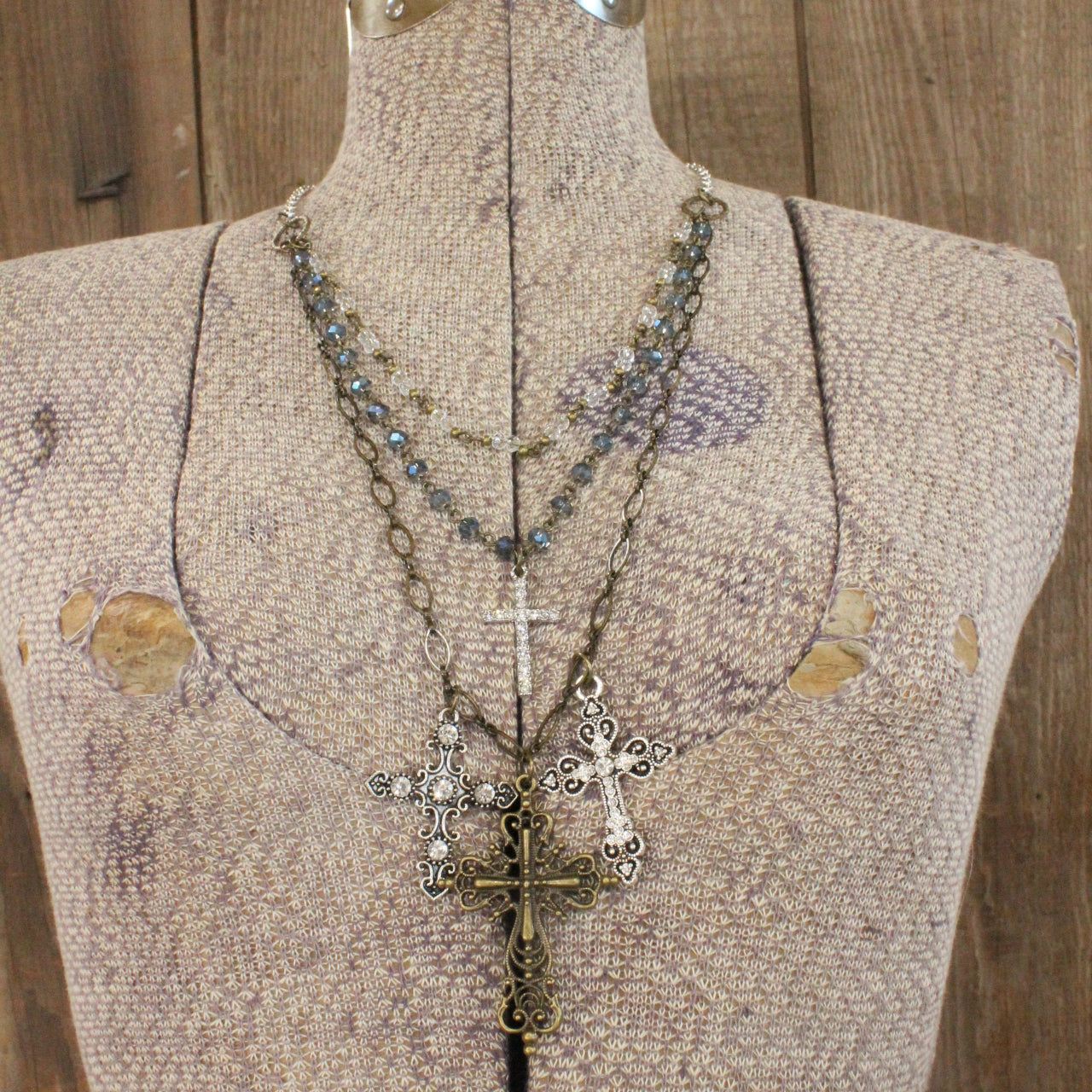 Layered Rosary Chains & Mixed Metal Cross Charmers Necklace