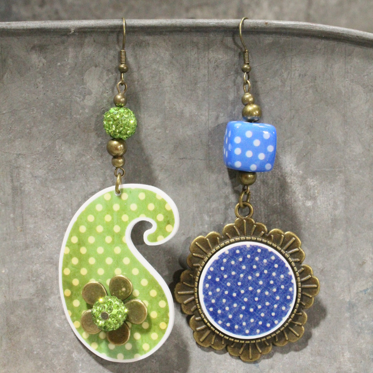 Peace, Paisley & Polka Dot Green Dangle Earrings