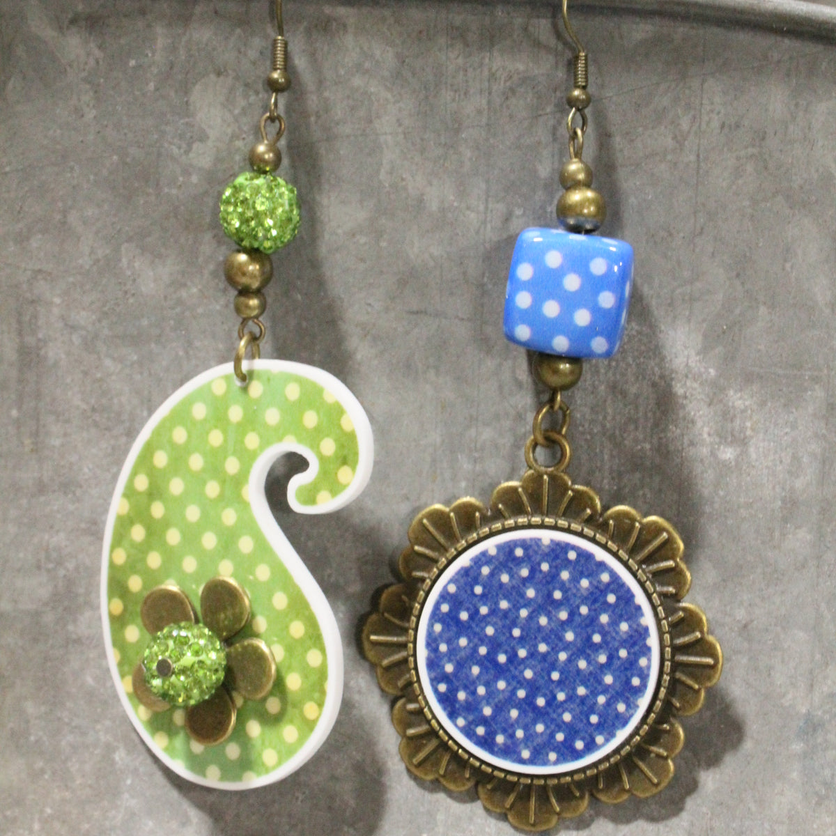 Peace, Paisley & Polka Dot Green Dangle Earrings