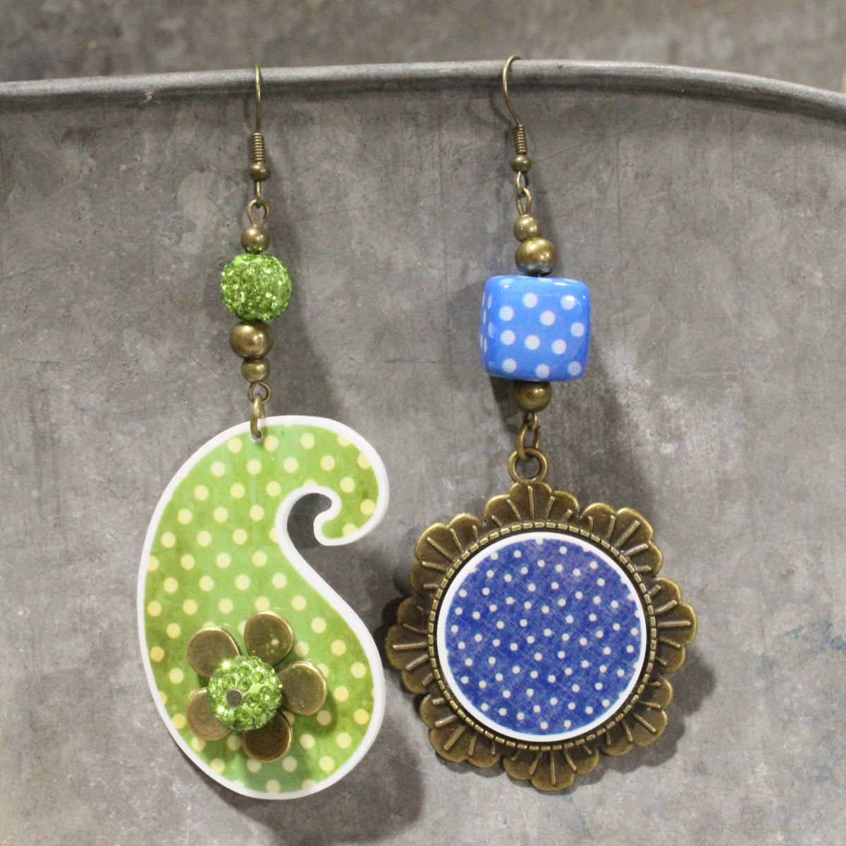 Peace, Paisley & Polka Dot Green Dangle Earrings
