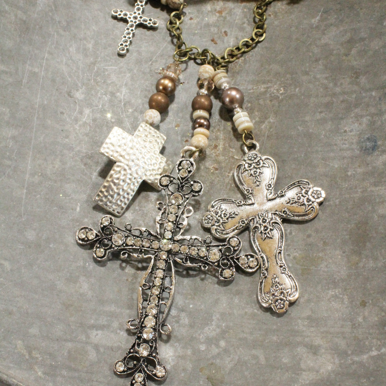 Vintage Mixed Metals Cross Earthtones Pendant Charmed Necklace