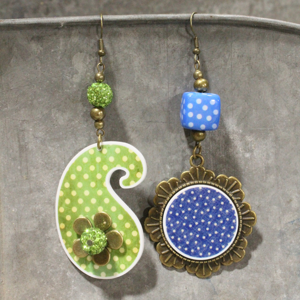 Peace, Paisley & Polka Dot Green Dangle Earrings
