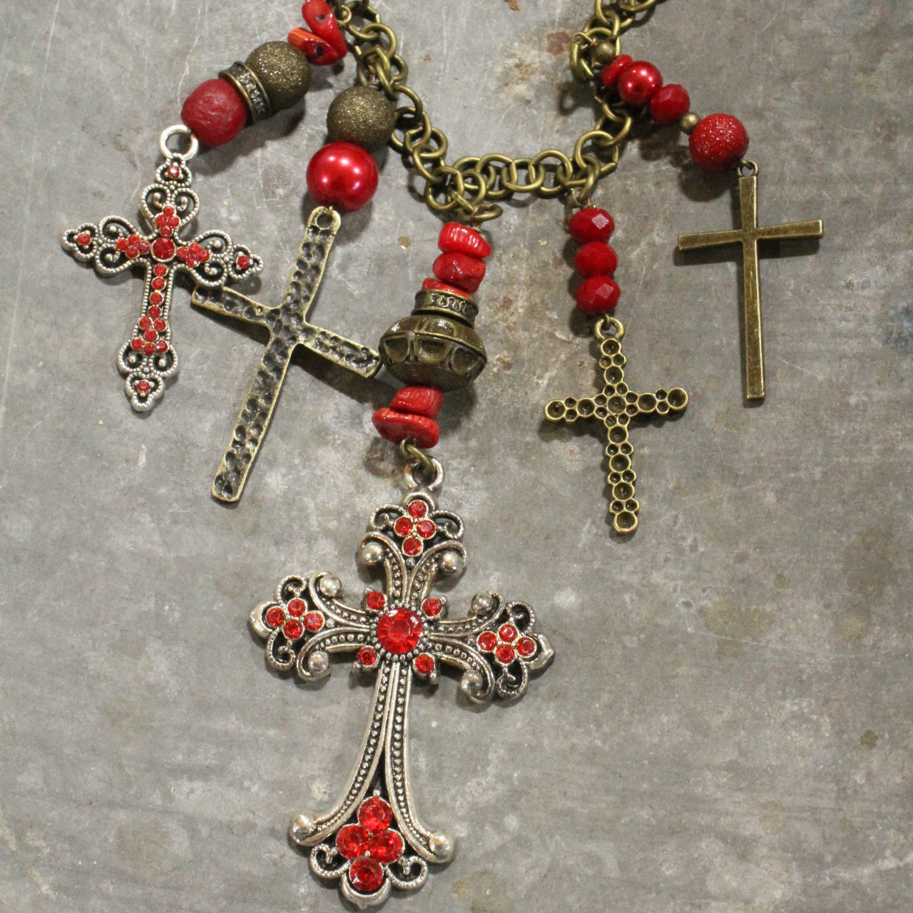 Vintage Mixed Metals Cross Red Pendant Charmed Necklace