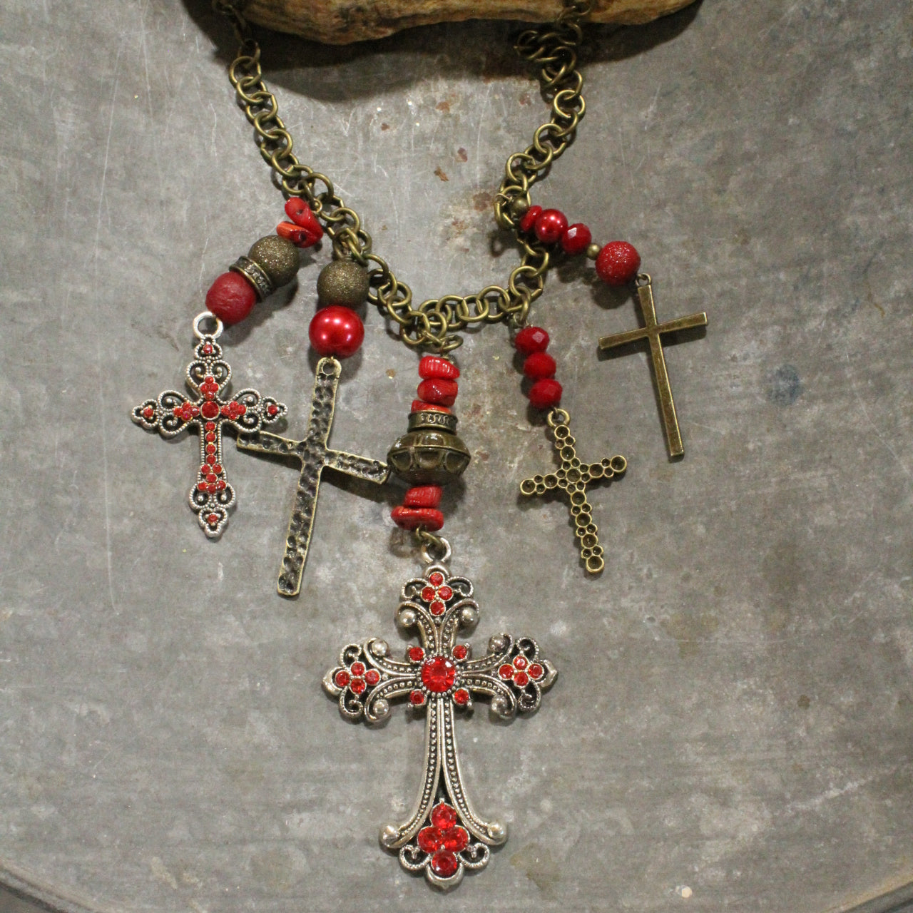 Vintage Mixed Metals Cross Red Pendant Charmed Necklace