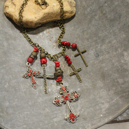 Vintage Mixed Metals Cross Red Pendant Charmed Necklace