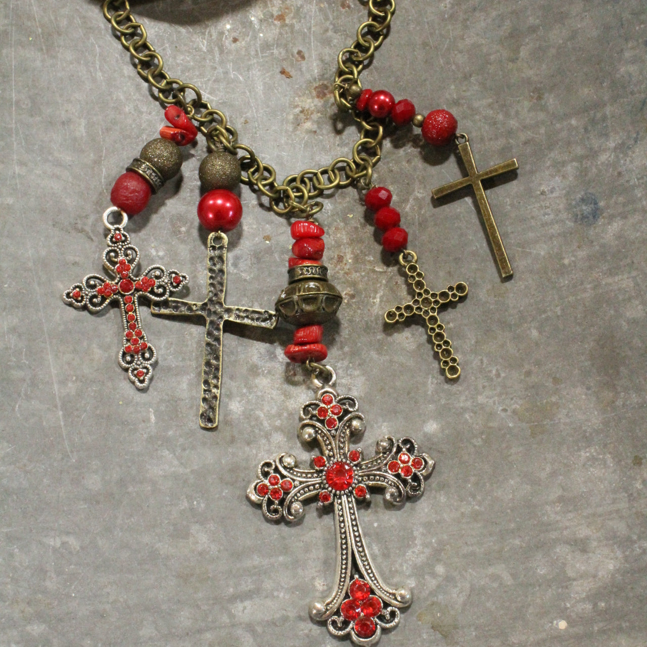 Vintage Mixed Metals Cross Red Pendant Charmed Necklace