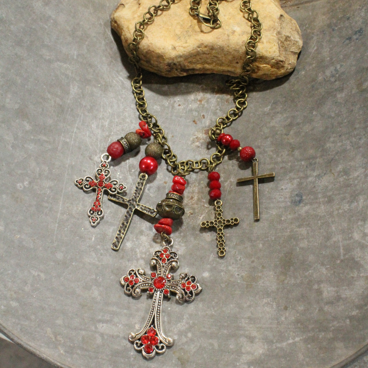 Vintage Mixed Metals Cross Red Pendant Charmed Necklace